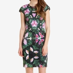 TED BAKER London Women's Green Floral Dress  With Cap Sleeve. Size 0